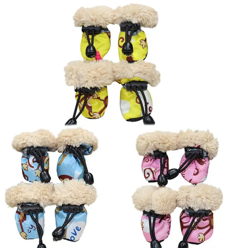 4pcs Winter Dog Puppy Shoes Pet Cartoon Printed Soft-soled Boots Pet Dog Shoes Waterproof Fleece Shoes Pet Paw Care Supplies  Y