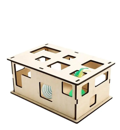 Cat Treat Puzzle Wooden Cat Educational Toy Box Multi-hole Interactive Enrichment Scratching Board Boredom Relief Stimulates
