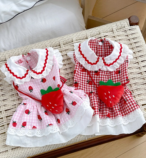 Strawberry Dress For Dogs Summer Spring Cute Plaid Female Girl Puppy Pet Cat Apparel Clothes Yorkie Chihuahua Small Medium Pugs