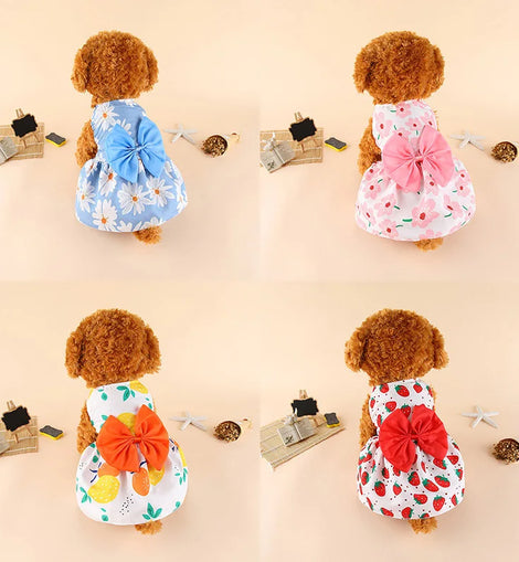 Thin Pet Dress for Dogs Cats - Cute Floral Print Princess Dress with Bow, New Style Puppy Skirt for Teddy Small Pets