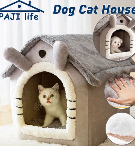 Cat Bed Dog House Gray Soft Plush Detachable Semi Enclosed Foldable Warm Cat Villa Pet Nest Four Season Universal Pet Supplies