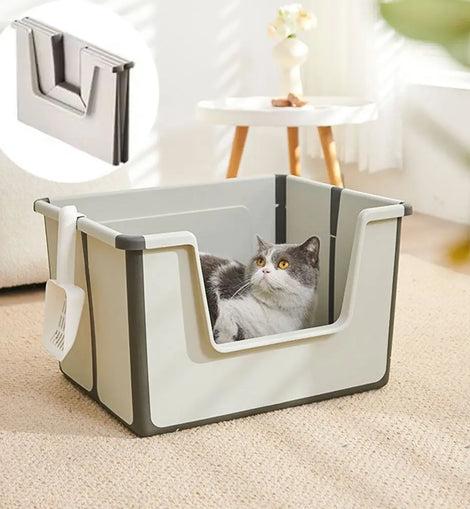 Large Capacity Foldable Cat Litter Box High Sides Splashproof Semi-Closed Litter Box with Scoop Removable Scoop Low Entry