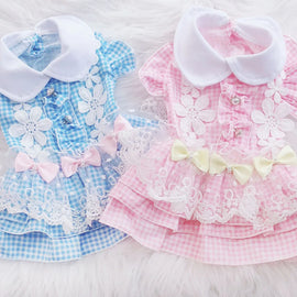 Princess Dog Cat Dress Plaid&Flowers Design Pet Puppy Skirt Spring/Summer Clothes Outfit