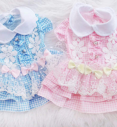 Princess Dog Cat Dress Plaid&Flowers Design Pet Puppy Skirt Spring/Summer Clothes Outfit