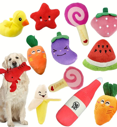 10pcs Pet Teething Toys Puppy Chew Toys Puppy Teething Toys Stuffed Plush Puppy Dog Toys Squeaky Fruits Vegetables Design Toy