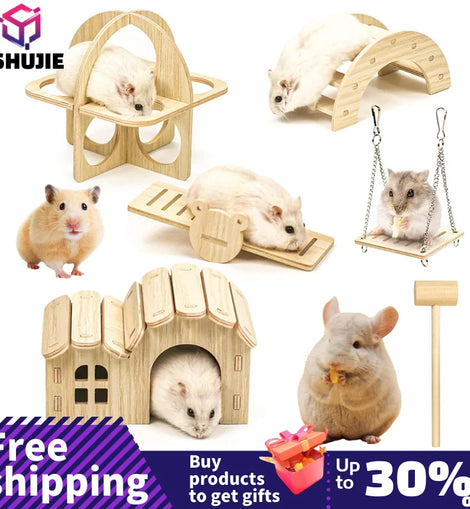 Pet Hamsters House DIY Wooden Gerbil Hideout Bridge Swing and Chinchilla Seesaw Pet Sport Exercise Toys Set  Cage Accessories