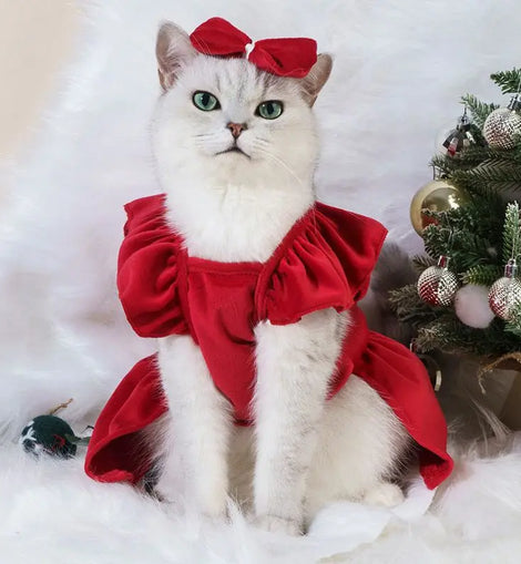 Pet Cat Dress Clothes Christmas Dog Dress Dog Slip Dress ，Coat Dress Red Skirt Costume Pet Cat Warm Dress Bow Skirt Pet Costume