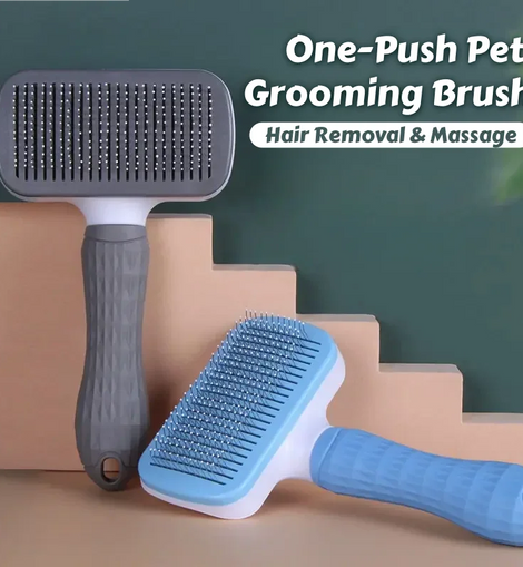 One-Push Pet Grooming Brush: Shedding Tool with Stainless Steel Teeth & Round Head - Hair Removal & Massage Comb for Furry Pets