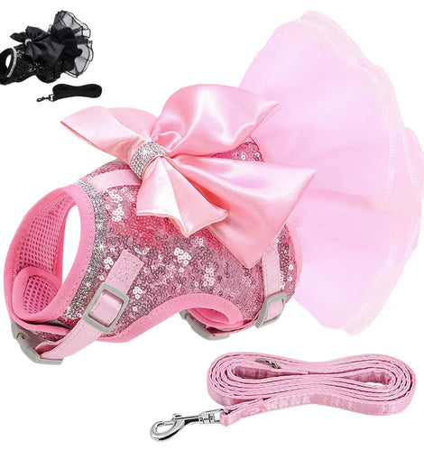 Pink Cat Dress Small Dogs Cats Summer Dresses With Cute Bowknot Bling Rhinestone Accessories Nylon Pet Vest Harness and Leash