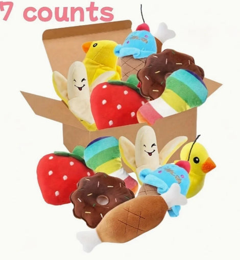 A 7-piece set of puppy sound toys, loose plush pet chewing, plush fruit snacks and vegetable puppy toys, suitable for cute playm