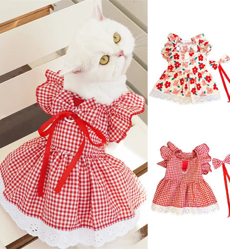 Summer Pet Dress Floral Pattern Plaid Skirts Cat Princess Dresses Chihuahua Yorkie Sweet Skirts Puppy Dog Costume Pet Supplies