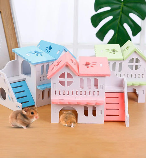 Hamster House Toy Pet Small Animal Hideout Hamster Wooden House 2 Layers With Ladder Design Wooden Hut Play Toys