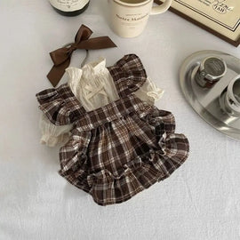 Fashion Retro Pet Plaid Strap Skirt Breathable Soft Dog Vest Dresses Thin Design Flying Sleeve Pet Clothes For Puppy Kittens