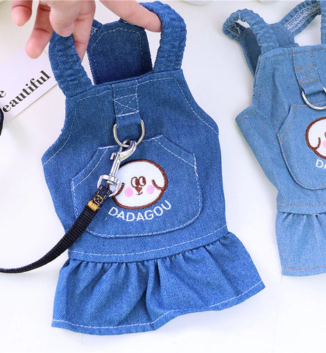 Pet Denim Dress for Dog Small Dog Clothes Cowboy Dress Sundress with Leash Ring Spring Summer Soft Sweet Skirt Pet Costume
