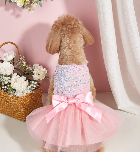 Pet Dress Dog Princess Cloth Sequin Bowknot Puppy Dresses with Tulle Doggie Kitten Costume